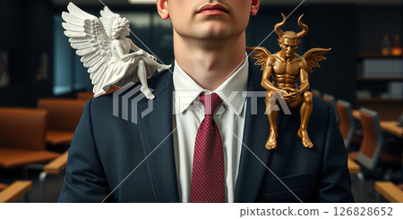 Businessman who has to make decisions, for better or for worse, moral or economic decisions, problem of finding solutions 126828652