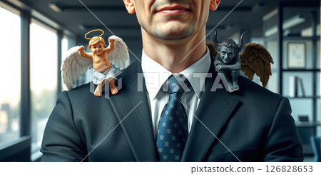 Businessman who has to make decisions, for better or for worse, moral or economic decisions, problem of finding solutions 126828653