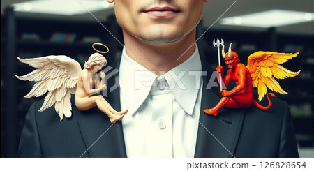 Businessman who has to make decisions, for better or for worse, moral or economic decisions, problem of finding solutions 126828654