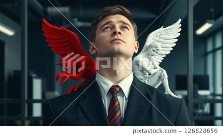 Businessman who has to make decisions, for better or for worse, moral or economic decisions, problem of finding solutions 126828656