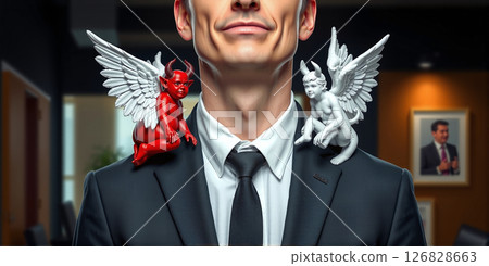 Businessman who has to make decisions, for better or for worse, moral or economic decisions, problem of finding solutions 126828663