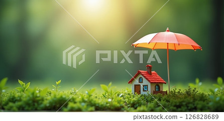 A miniature house nestles under a protective umbrella, symbolizing safety, comfort, and resilience against life's unpredictable storms - ai generated 126828689