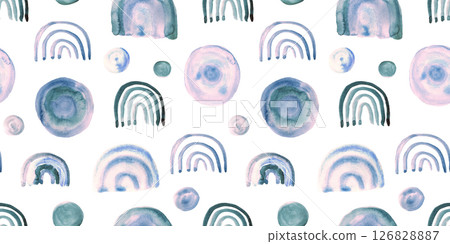 Cute geometric seamless pattern with hand painted watercolor pink and blue color doodle shapes. Fun circles, rainbows and dots kid ornament for textile, wrapping paper, wallpaper, surface design 126828887