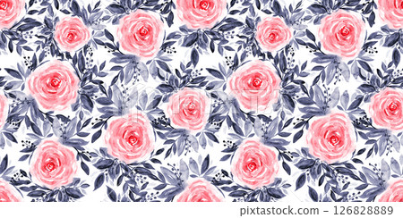 Vintage watercolor textured floral seamless pattern of pink roses with deep indigo blue leaves. Delicate botanical painting flowers print for textile, wallpaper, wrapping paper, surface design 126828889