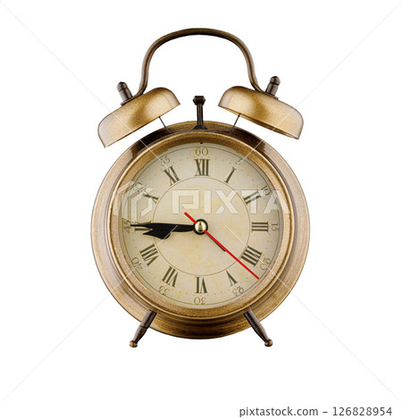 alarm clock, vintage clock with time 8 hours 45 minutes, a.m. 8:45, p.m. 8:45, on isolated white background alarm clock, vintage clock with time 8 hours 45 minutes, a.m. 8:45, p.m. 8:45, on isolated white background 126828954