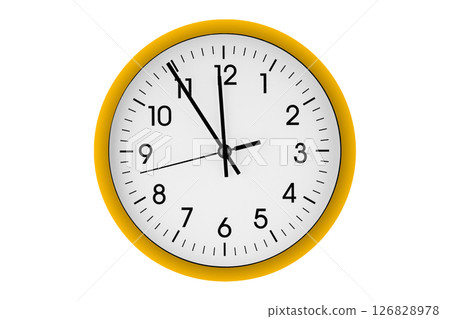 Yellow watch, wall clock 11 hours 45 minutes on isolated or white background 126828978