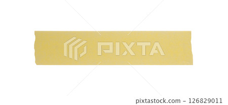 Yellow painter's tape isolated on white background, macro. Torn, crumpled, twisted strips of yellow painter's tape on white background 126829011