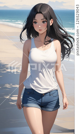 Beautiful girl illustration of the coastline 126829043