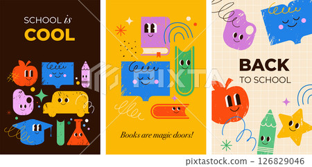 Cute Back to School vertical colorful posters  126829046
