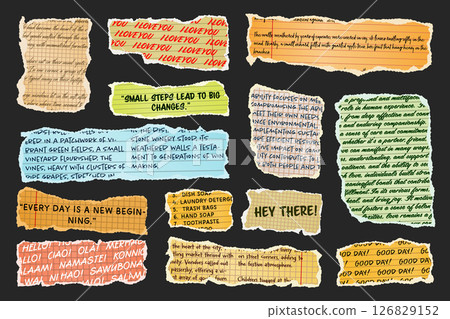 Ripped paper strips with handwritten text. Realistic crumpled paper scraps with torn edges. Shreds of notebook, book or old newspaper pages. Trendy collage elements. Vector illustration 126829152