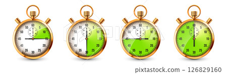 Realistic classic stopwatch. Shiny golden metal chronometer, time counter with dial. Green countdown timer showing minutes and seconds. Time measurement for sport, start, finish. Vector illustration 126829160