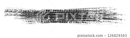 Grunge tire tracks with mud splatters, dirty wheel braking marks. Truck, car, or motorcycle tread pattern silhouettes. Perfect for off-road, motorsport, and racing designs. Vector illustration 126829163