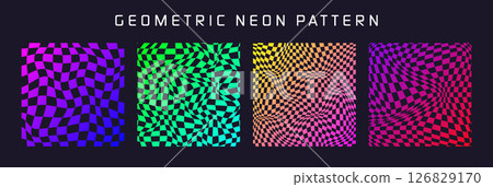 Groovy checkered pattern, colorful distorted tiled grid. Vintage wavy curved backdrop, distortion effect. Funky geometric chessboard texture, retro background in 90s style, y2k. Vector illustration Groovy checkered pattern, colorful distorted tiled grid. Vintage wavy curved backdrop, distortion effect. Funky geometric chessboard texture, retro background in 90s style, y2k. Vector illustration 126829170