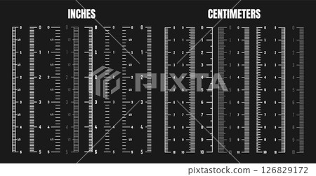 Vertical centimeter and inch scale for measuring length or height. Various measurement scales with divisions. Ruler, tape measure marks, size indicators. Vector illustration 126829172
