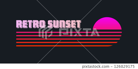 Vintage colorful sunset. Various gradient striped sunrise badges in 80s and 90s style. Sun and ocean view, summer vibes, surfing. Design element for print, logo or t-shirt. Vector illustration 126829175