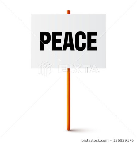 Protest sign with text slogan and wooden holder. Demonstration banner. Strike action cardboard placard mockup. Social advertisement. Vector illustration 126829176