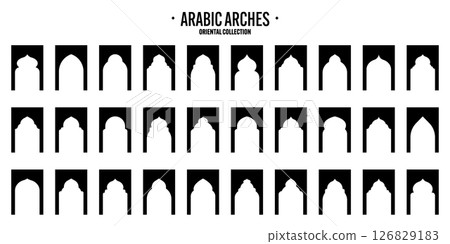 Islamic frames, oriental style objects. Arabic shapes, windows and arches. Traditional ornamental banner, frame. Muslim holidays, Ramadan Kareem. Modern eastern architecture. Vector illustration Islamic frames, oriental style objects. Arabic shapes, windows and arches. Traditional ornamental banner, frame. Muslim holidays, Ramadan Kareem. Modern eastern architecture. Vector illustration 126829183
