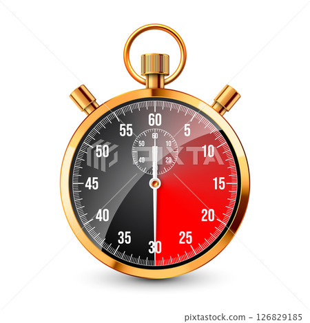 Realistic classic stopwatch. Shiny golden metal chronometer, time counter with dial. Red countdown timer showing minutes and seconds. Time measurement for sport, start, finish. Vector illustration 126829185