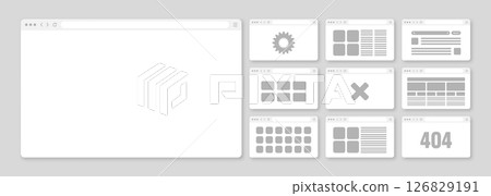 Web browser window, pages layout with toolbar and search field. Modern website, internet page in flat style. Browser mockup for computer, tablet and smartphone. Adaptive UI. Vector illustration 126829191