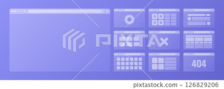 Web browser window, transparent pages layout with toolbar and search field. Modern website, internet page. Browser mockup for computer, tablet and smartphone. Adaptive UI. Vector illustration 126829206