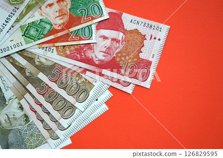 Pakistan rupees banknotes on red background. The current Pakistan money bills Pakistan rupees banknotes on red background. The current Pakistan money bills 126829595