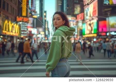 Young woman in green hoodie at night in city neon lights. Neural network AI generated 126829650