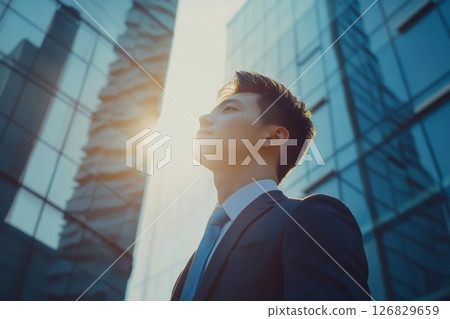 Business professional gaze against glass building in sunlight. Neural network AI generated 126829659