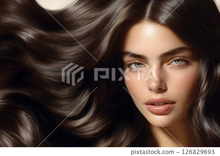 Elegant portrait with flowing brown hair in soft light. Neural network AI generated Elegant portrait with flowing brown hair in soft light. Neural network AI generated 126829693