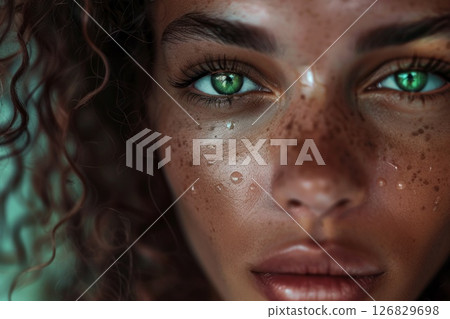Amazing caribbean woman with curly hair and green eyes close up portrait. Neural network ai generated Amazing caribbean woman with curly hair and green eyes close up portrait. Neural network ai generated 126829698