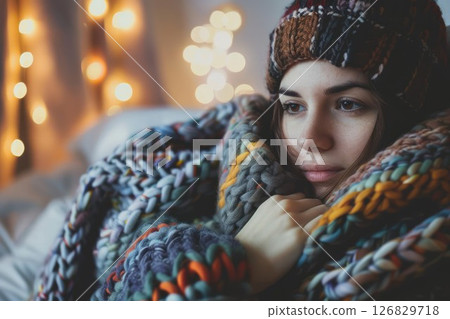 Woman bundled in yellow blanket on couch, feeling cold. Neural network AI generated 126829718