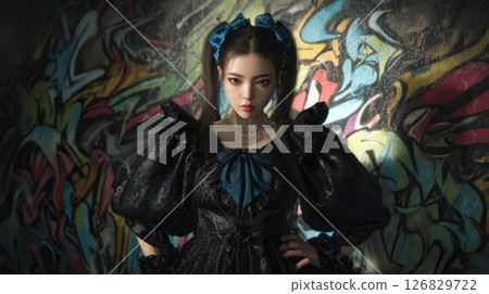 Gothic teen with blue highlights against vibrant graffiti. Neural network AI generated 126829722