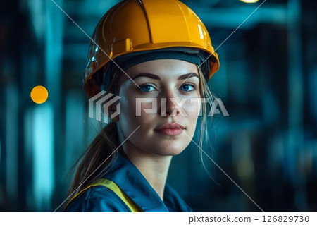 Female construction worker with orange helmet, blue background. Neural network AI generated 126829730