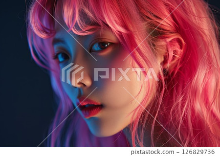 Young woman with pink hair against dark background. Neural network AI generated 126829736