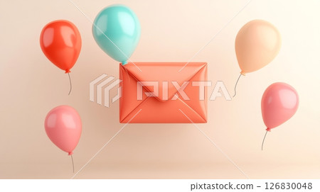 Red envelope floating among colorful balloons on pastel background, symbolizing celebration and communication concept 126830048