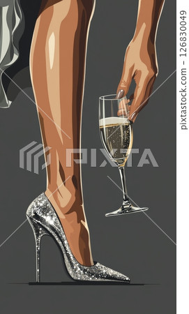 Elegant hand holding a glass of champagne next to a leg in a sparkling high heel on dark background. Luxury lifestyle and celebration concept 126830049