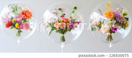Three floral bouquets encased in clear balloons against a soft background. Creative floral arrangement and decor concept 126830075