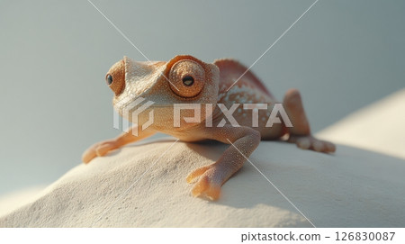 Chameleon with big eyes on a sandy surface under soft daylight. Wildlife and adaptation concept 126830087