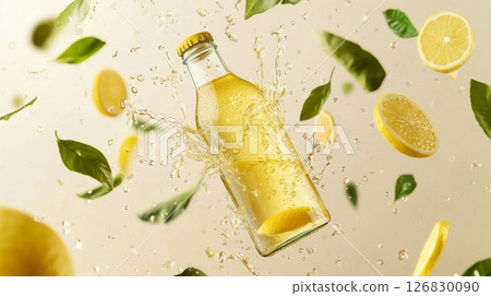 Splashing bottle of lemon soda with citrus slices and green leaves on light background. Refreshing beverage concept 126830090