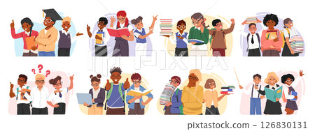Nerd children schoolboys and schoolgirls characters cartoon bubble isolated set on white background 126830131