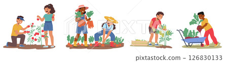 Happy children characters harvesting fruits and vegetables in garden cartoon scene isolated set 126830133