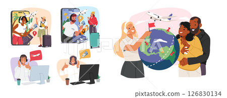 Travel agency agents helping people customers to plan and choose tour isolated cartoon scene set 126830134