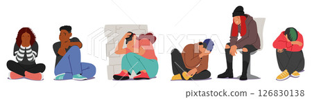 Sad teenagers cartoon characters feeling depressed and lonely suffering from heavy thoughts Sad teenagers cartoon characters feeling depressed and lonely suffering from heavy thoughts 126830138
