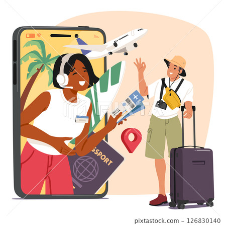 Woman travel agency agent providing professional service in tour organization support cartoon scene 126830140