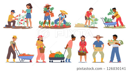 Kid farmers cartoon characters harvesting fruits and vegetables enjoying agricultural activity set Kid farmers cartoon characters harvesting fruits and vegetables enjoying agricultural activity set 126830141