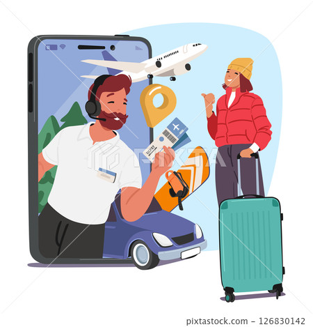 Man travel agency agent helps to choose mountain ski resort for woman tourist cartoon scene 126830142