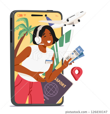 Woman travel agency agent on mobile screen offering flight tickets for journey to tropical resort Woman travel agency agent on mobile screen offering flight tickets for journey to tropical resort 126830147