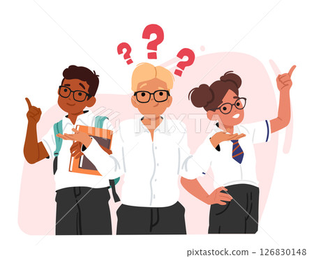 Pensive nerd children school characters brainstorming pointing finger bubble design element 126830148