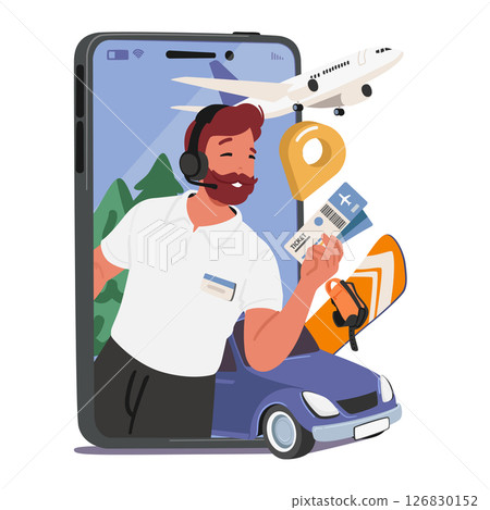 Man tour operator offering flight ticket for travel from mobile phone screen vector illustration Man tour operator offering flight ticket for travel from mobile phone screen vector illustration 126830152