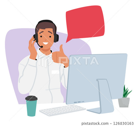 Tour operator character wearing headset consulting client online sitting front of computer monitor Tour operator character wearing headset consulting client online sitting front of computer monitor 126830163