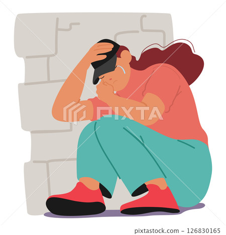 Teenage girl cartoon character crying hiding behind brick wall suffering from abuse masking emotions Teenage girl cartoon character crying hiding behind brick wall suffering from abuse masking emotions 126830165